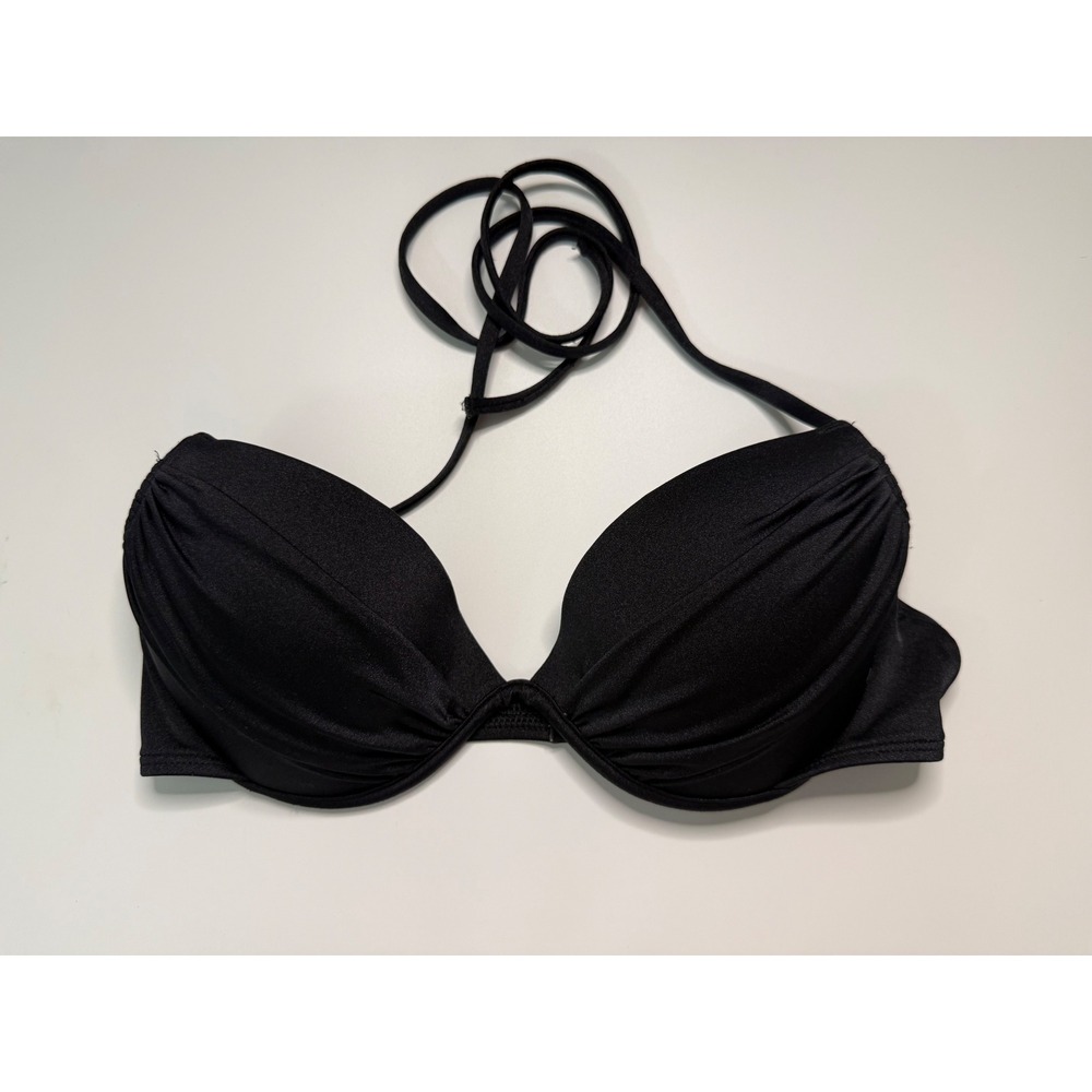 Victorias Secret The Tease Halter Push Up Bikini Top Black 34C Underwire Pleated